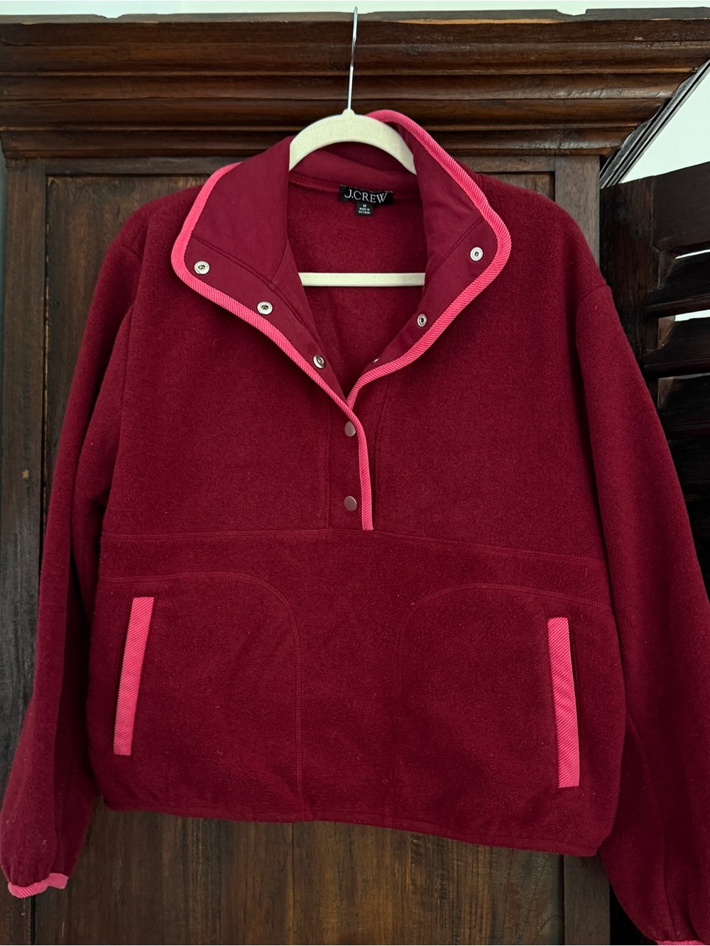J. Crew Maroon Fleece Pullover with Pink Trim